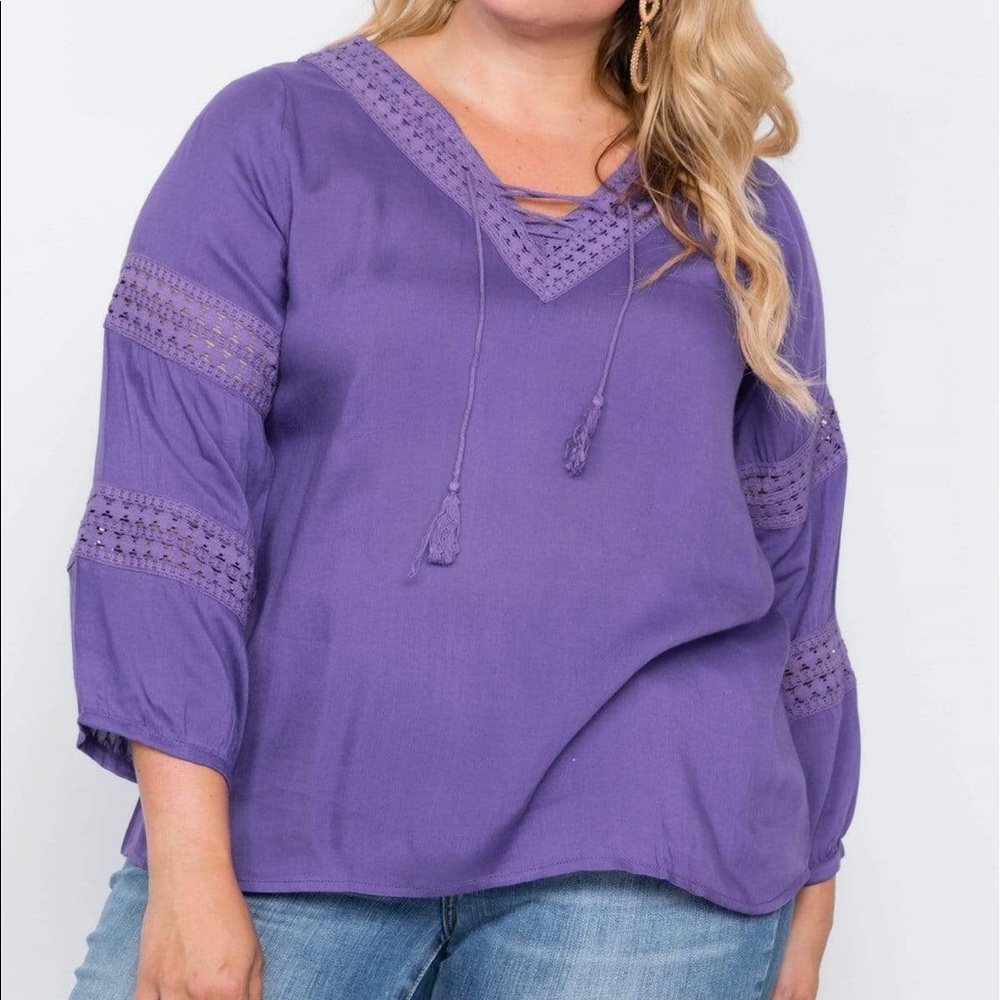 Plus Size Violet Crochet Trim Boho Top - Picture 1 of 4